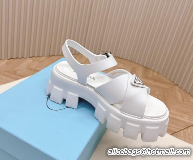 Expensive Prada Leather Platform Sandals 5.5cm with Cross Strap White 0327121