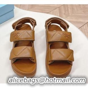 Perfect Prada Calf Leather Strap Flat Sandals Brown 327123