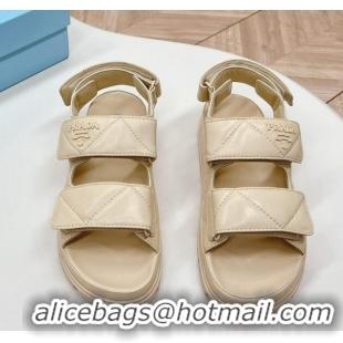 Best Price Prada Calf Leather Strap Flat Sandals Beige 327124