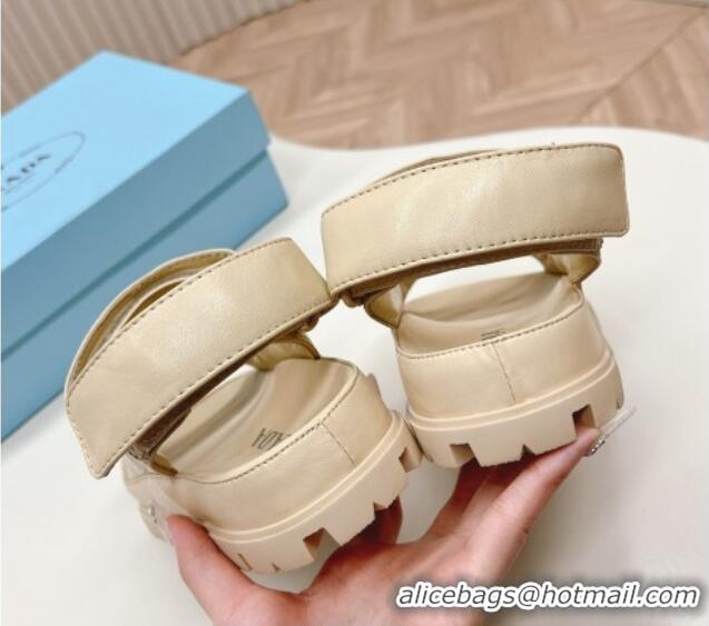 Best Price Prada Calf Leather Strap Flat Sandals Beige 327124