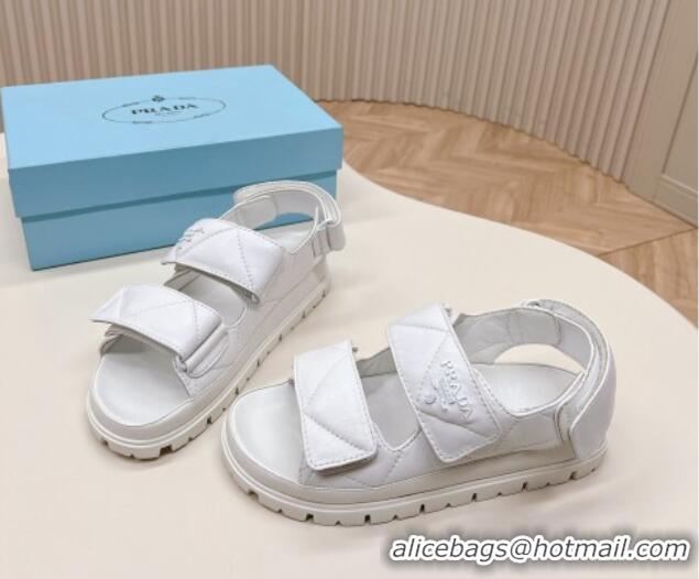 Low Price Prada Calf Leather Strap Flat Sandals White 327125