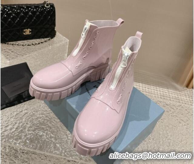 Top Grade Prada Patent Rubber Rain Boots with Zip Light Pink 327127