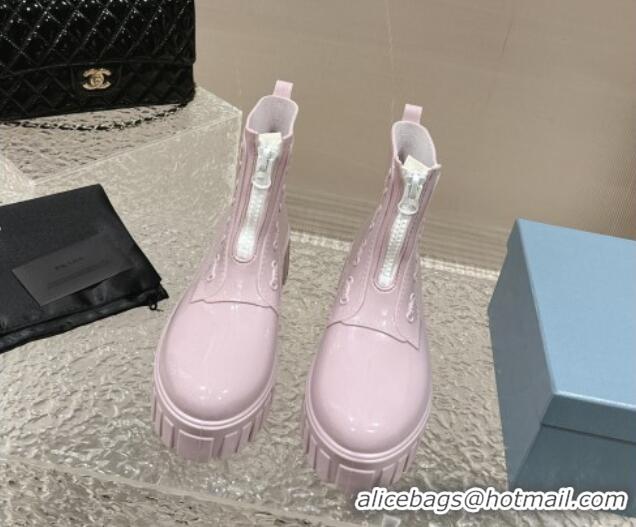 Top Grade Prada Patent Rubber Rain Boots with Zip Light Pink 327127