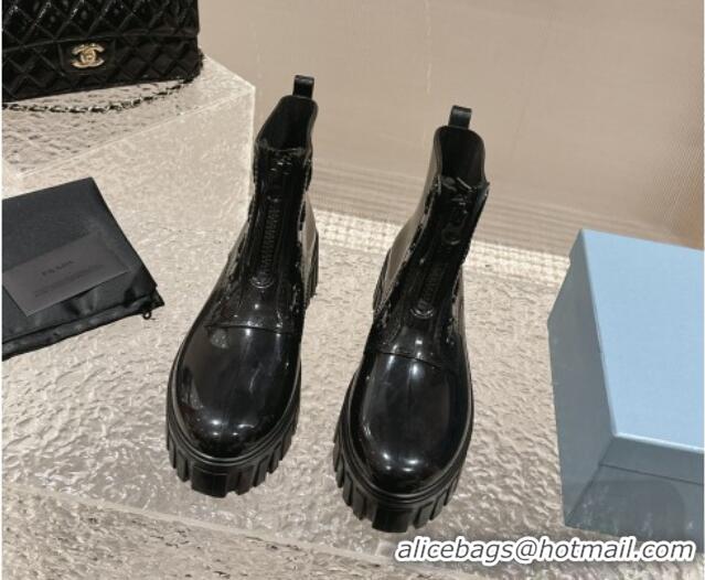 Modern Prada Patent Rubber Rain Boots with Zip Black 327128