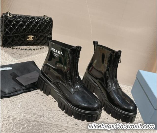 Modern Prada Patent Rubber Rain Boots with Zip Black 327128