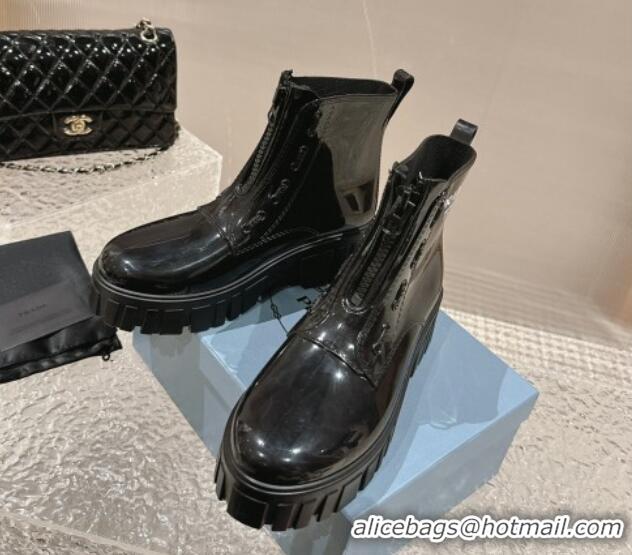 Modern Prada Patent Rubber Rain Boots with Zip Black 327128