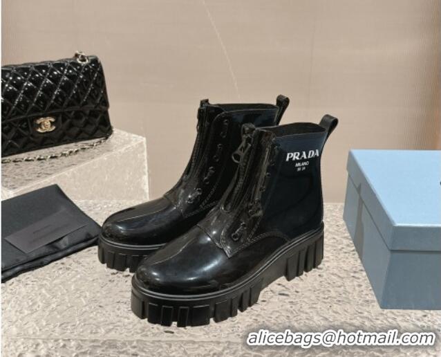 Modern Prada Patent Rubber Rain Boots with Zip Black 327128