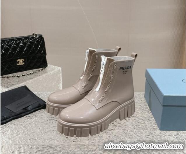 Best Product Prada Patent Rubber Rain Boots with Zip Khaki Grey 327129