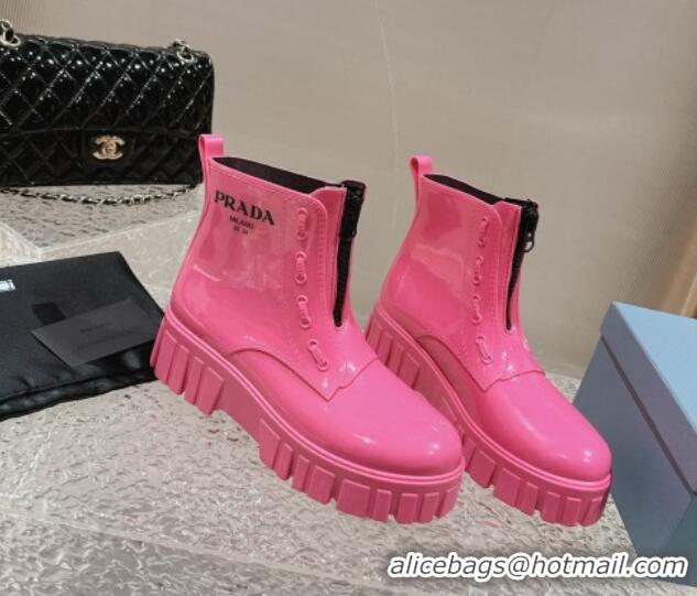 Unique Style Prada Patent Rubber Rain Boots with Zip Dark Pink 327131