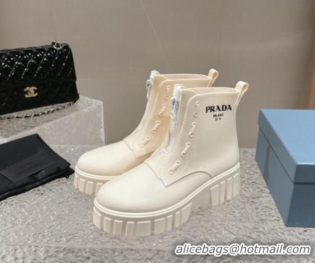 Durable Prada Patent Rubber Rain Boots with Zip White 327132