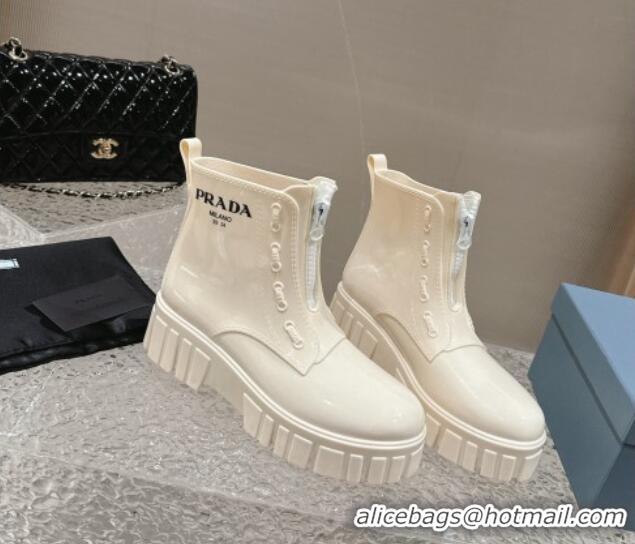 Durable Prada Patent Rubber Rain Boots with Zip White 327132