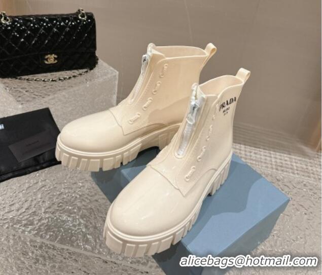 Durable Prada Patent Rubber Rain Boots with Zip White 327132