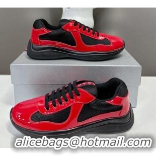 Luxurious Prada America's Cup Patent Rubber and Bike Fabric Sneakers Black2/Red 327136