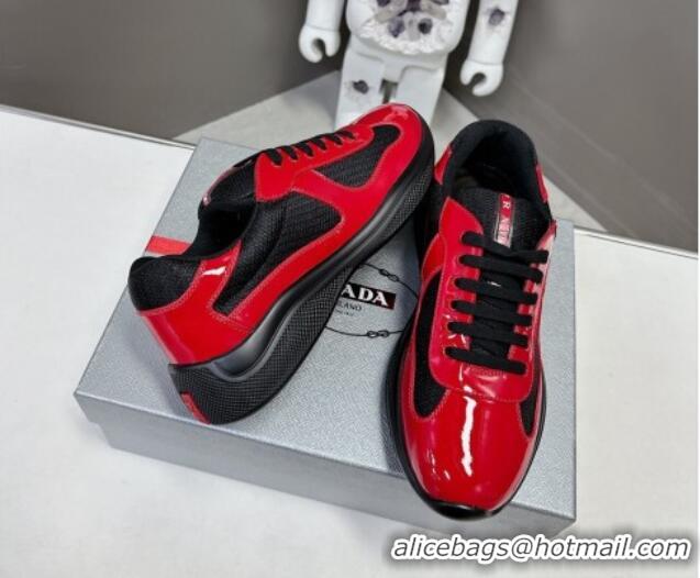 Luxurious Prada America's Cup Patent Rubber and Bike Fabric Sneakers Black2/Red 327136