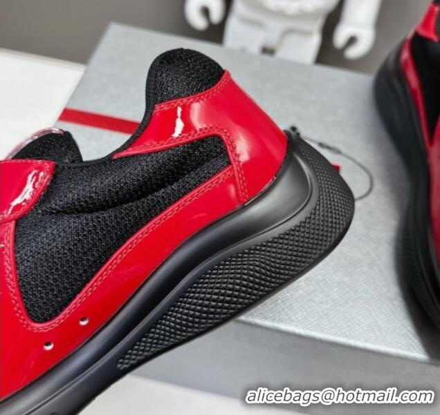 Luxurious Prada America's Cup Patent Rubber and Bike Fabric Sneakers Black2/Red 327136