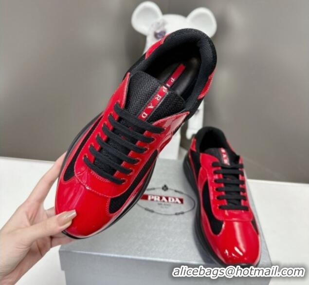 Luxurious Prada America's Cup Patent Rubber and Bike Fabric Sneakers Black2/Red 327136