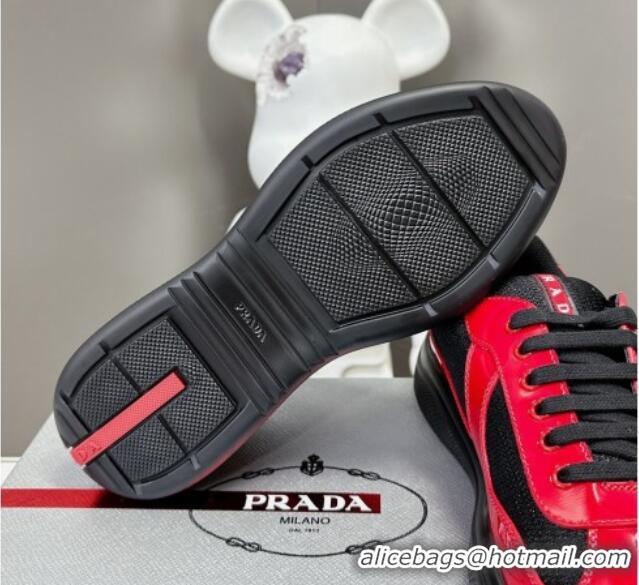 Luxurious Prada America's Cup Patent Rubber and Bike Fabric Sneakers Black2/Red 327136