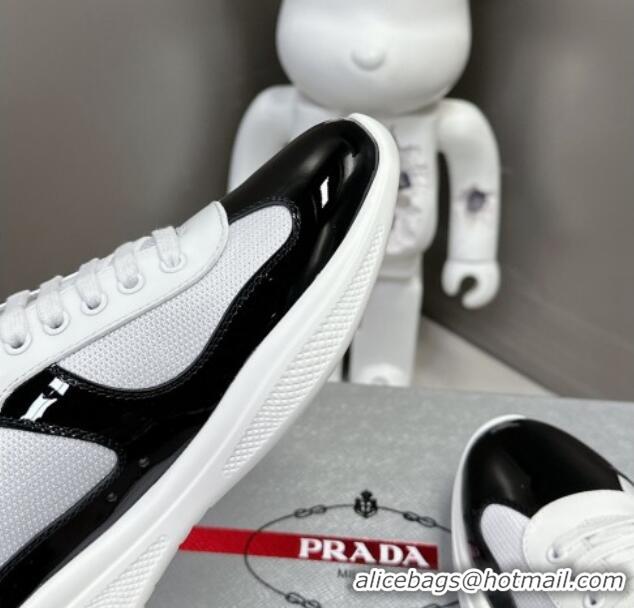 Buy Luxury Prada America's Cup Patent Rubber and Bike Fabric Sneakers Black/White 327138