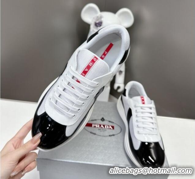 Buy Luxury Prada America's Cup Patent Rubber and Bike Fabric Sneakers Black/White 327138