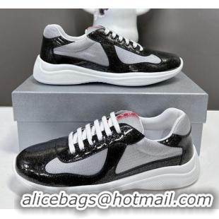 Good Quality Prada America's Cup Patent Rubber and Bike Fabric Sneakers with Dots Black 327150