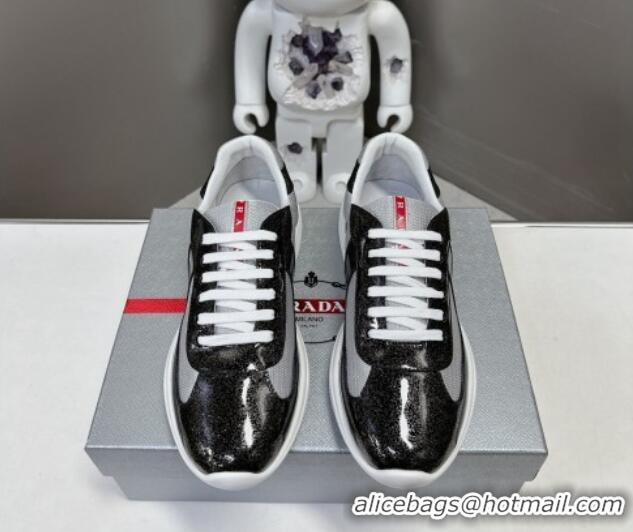 Good Quality Prada America's Cup Patent Rubber and Bike Fabric Sneakers with Dots Black 327150