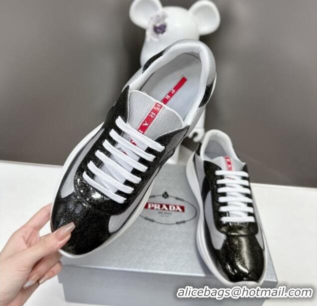 Good Quality Prada America's Cup Patent Rubber and Bike Fabric Sneakers with Dots Black 327150