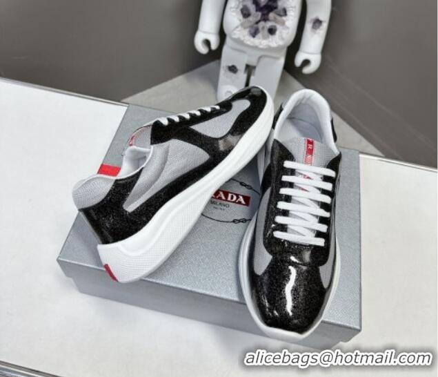 Good Quality Prada America's Cup Patent Rubber and Bike Fabric Sneakers with Dots Black 327150