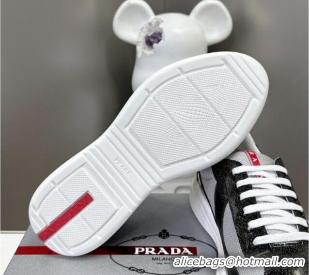 Good Quality Prada America's Cup Patent Rubber and Bike Fabric Sneakers with Dots Black 327150