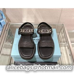 Good Quality Prada Crochet Platform Flat Sandals with Chain Logo Black 430001