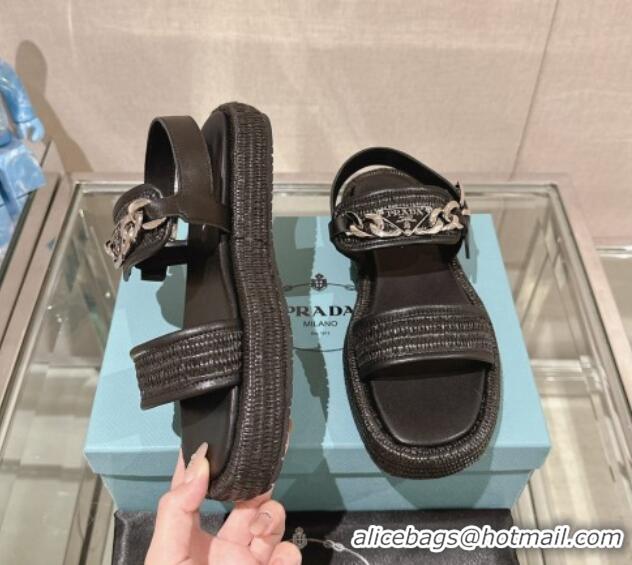 Good Quality Prada Crochet Platform Flat Sandals with Chain Logo Black 430001