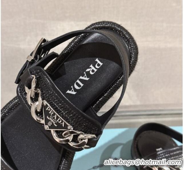 Good Quality Prada Crochet Platform Flat Sandals with Chain Logo Black 430001