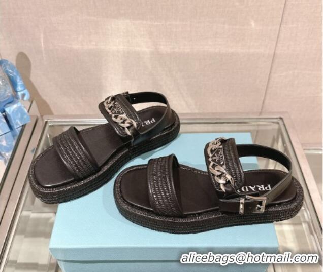 Good Quality Prada Crochet Platform Flat Sandals with Chain Logo Black 430001