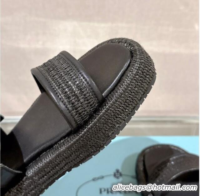 Good Quality Prada Crochet Platform Flat Sandals with Chain Logo Black 430001