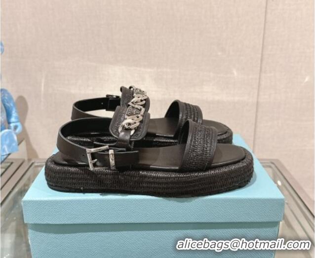 Good Quality Prada Crochet Platform Flat Sandals with Chain Logo Black 430001