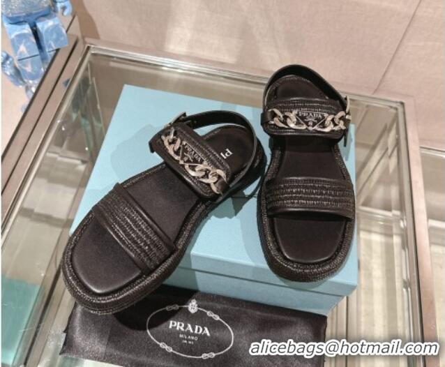 Good Quality Prada Crochet Platform Flat Sandals with Chain Logo Black 430001