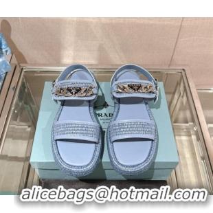 Best Price Prada Crochet Platform Flat Sandals with Chain Logo Blue 430002