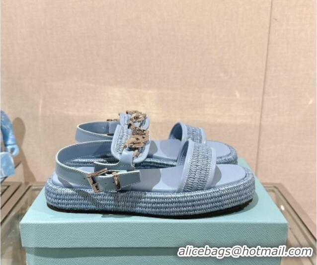 Best Price Prada Crochet Platform Flat Sandals with Chain Logo Blue 430002