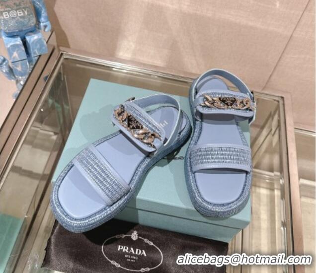 Best Price Prada Crochet Platform Flat Sandals with Chain Logo Blue 430002