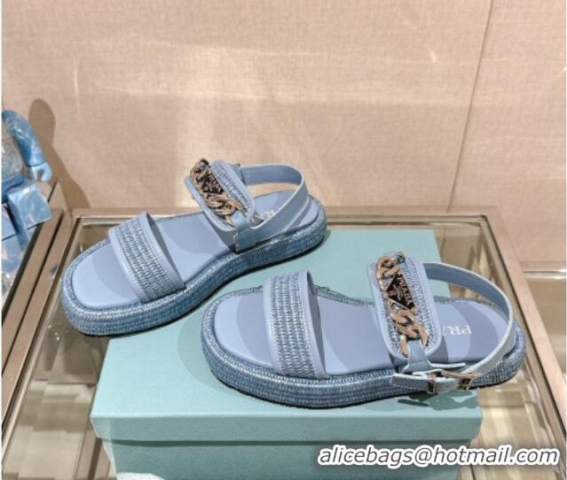 Best Price Prada Crochet Platform Flat Sandals with Chain Logo Blue 430002