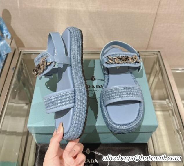 Best Price Prada Crochet Platform Flat Sandals with Chain Logo Blue 430002