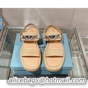 Top Design Prada Crochet Platform Flat Sandals with Chain Logo Beige 430003