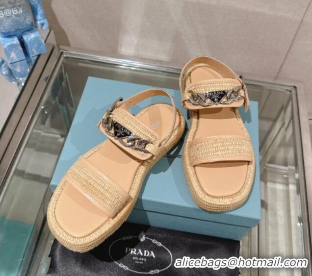 Top Design Prada Crochet Platform Flat Sandals with Chain Logo Beige 430003