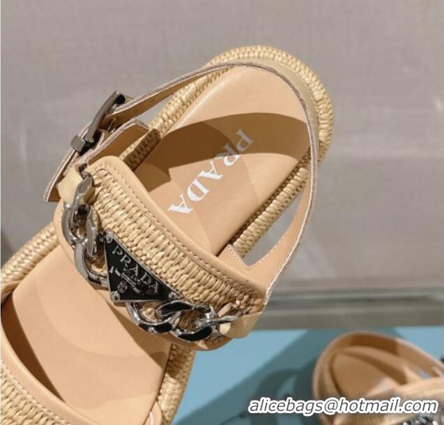 Top Design Prada Crochet Platform Flat Sandals with Chain Logo Beige 430003