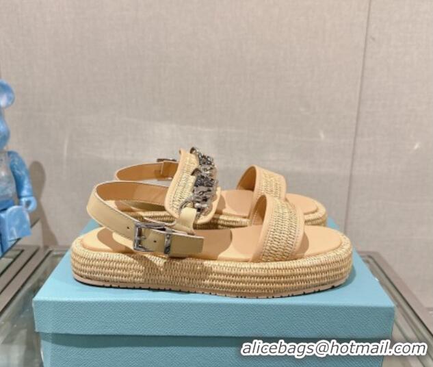 Top Design Prada Crochet Platform Flat Sandals with Chain Logo Beige 430003