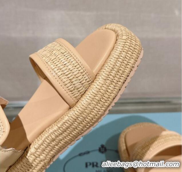 Top Design Prada Crochet Platform Flat Sandals with Chain Logo Beige 430003