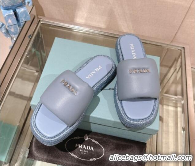 Pretty Style Prada Nappa Leather Platform Slide Sandals with Signature Light Blue 430005