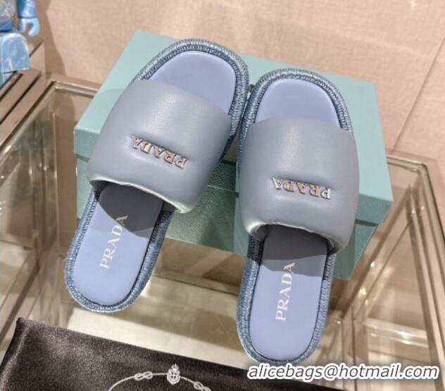 Pretty Style Prada Nappa Leather Platform Slide Sandals with Signature Light Blue 430005