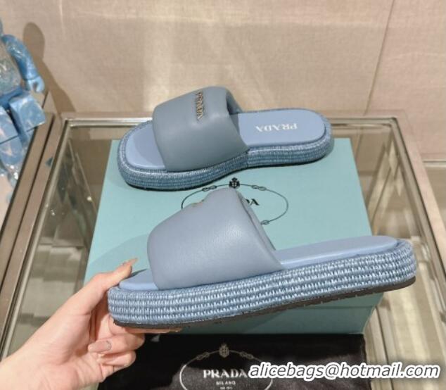 Pretty Style Prada Nappa Leather Platform Slide Sandals with Signature Light Blue 430005