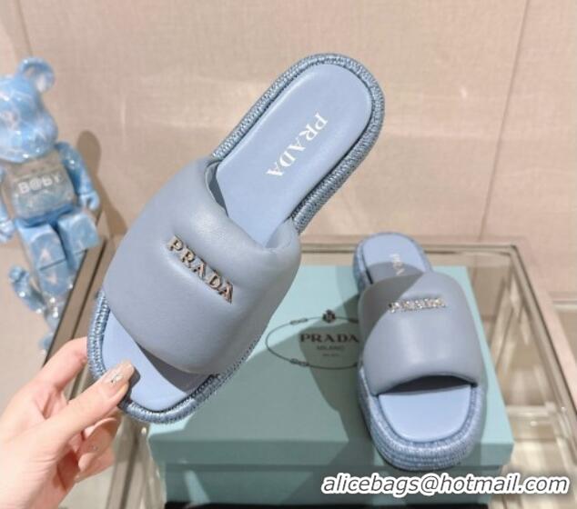 Pretty Style Prada Nappa Leather Platform Slide Sandals with Signature Light Blue 430005