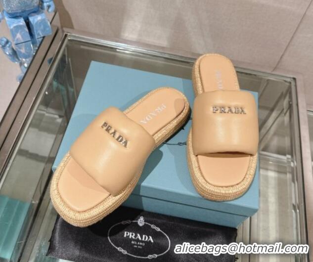 Classic Hot Prada Nappa Leather Platform Slide Sandals with Signature Beige 430006